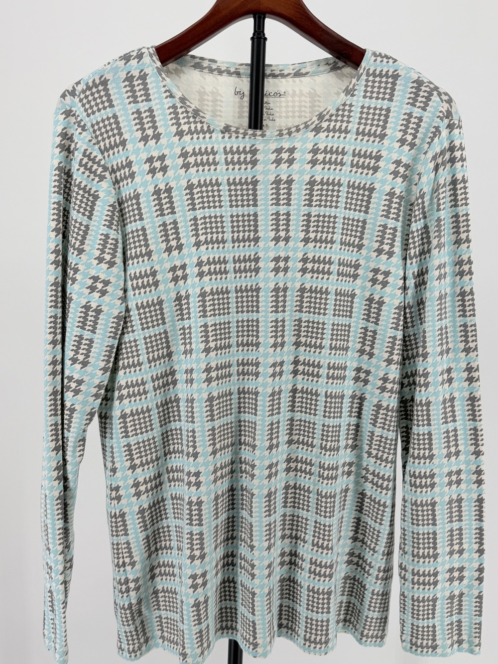 Chico's Dublin Houndstooth Crewneck top 100% cotton large chico size 2 coastal